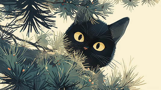 躲在松树后面可爱的卡通小黑猫图片