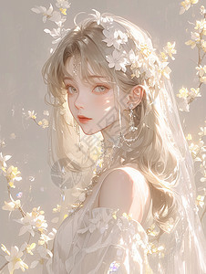 穿着白色古风服装的卡通美女头上有花朵装饰图片