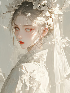 穿白色古风服装的卡通美女头上有花朵装饰图片