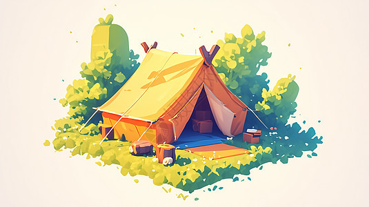 森林中的一个黄色卡通露营帐篷图片