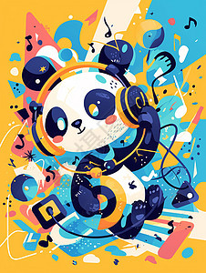戴着耳麦听音乐帅气的卡通大熊猫插画图片