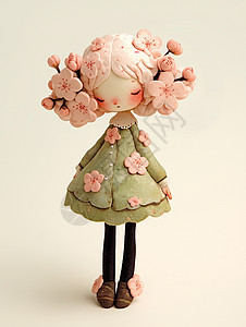 头戴粉色花朵穿着绿色碎花连衣裙的羊毛毡女孩图片