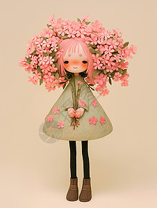 头戴粉色花朵穿着碎花连衣裙的卡通羊毛毡女孩图片
