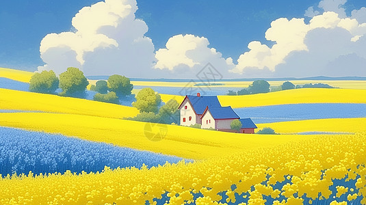 蓝天白云下田中一座卡通小房子图片