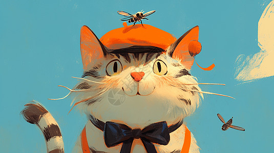 戴着橙色贝雷帽的卡通小花猫与昆虫图片