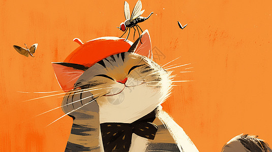 戴着橙色贝雷帽的可爱小花猫与昆虫图片