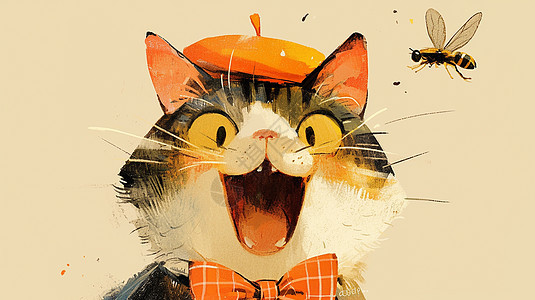 橙色贝雷帽的可爱卡通小花猫与昆虫图片