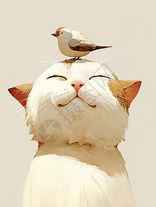 头上落着一只小鸟面带可爱卡通小花猫图片