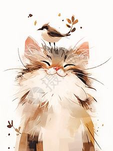 头上落着一只小鸟面带微笑的可爱卡通小花猫图片