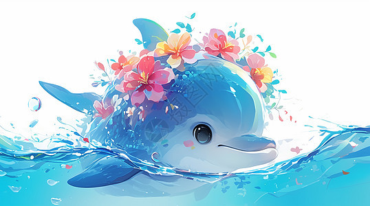 头上戴着花环可爱的蓝色卡通小海豚图片