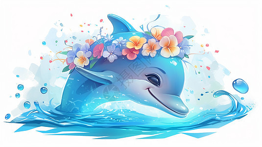 头上戴着花环可爱的蓝色可爱卡通海豚图片