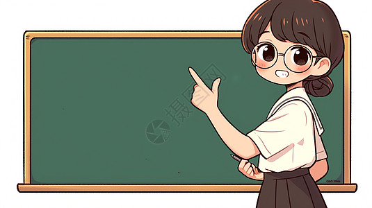 职业卡通人物在黑板前讲课的卡通女孩插画