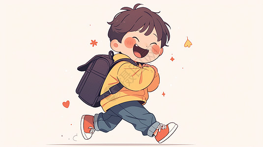 短发小男孩背着书包去上学插画