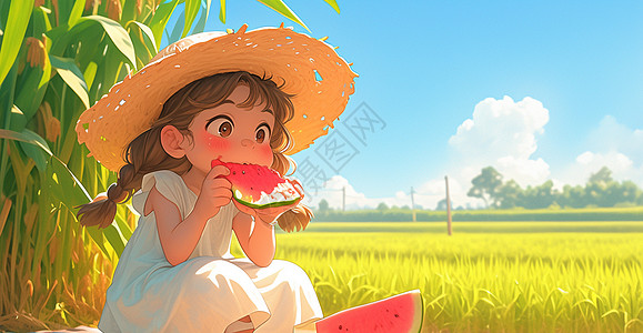 在田间戴着草帽啃西瓜的小女孩图片