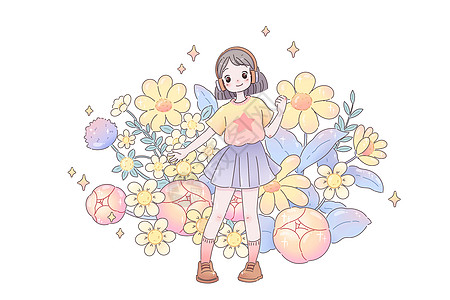 唯美治愈的花朵人物插画鲜花美少女高清图片