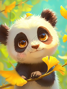 大眼睛毛茸茸可爱的卡通大熊猫在银杏林中图片