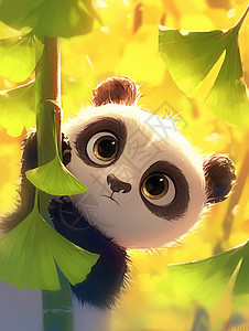 大眼睛毛茸茸可爱的熊猫在银杏林中图片