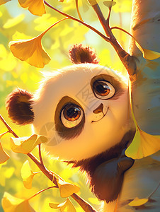 毛茸茸可爱的卡通大熊猫在银杏林中图片