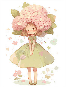 穿绿色连衣裙头顶粉色花朵的可爱卡通小女孩图片