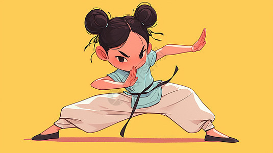 梳着丸子头练武术的卡通可爱女孩图片