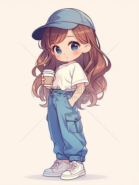 戴棒球帽端着咖啡的时尚卡通小女孩图片