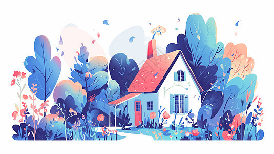 花丛中一座可爱的卡通小房子插画图片