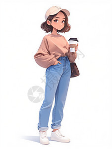 身穿牛仔裤端着咖啡的卡通年轻女孩图片