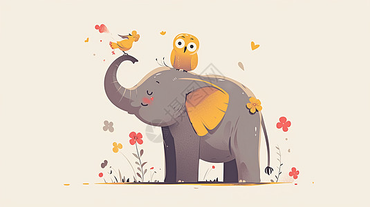 身上落着小鸟的可爱卡通大象图片
