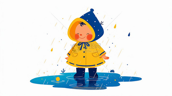 穿黄色雨披在雨中奔跑的卡通小男孩图片