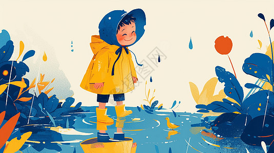 穿着黄色雨披在雨中奔跑的卡通男孩图片