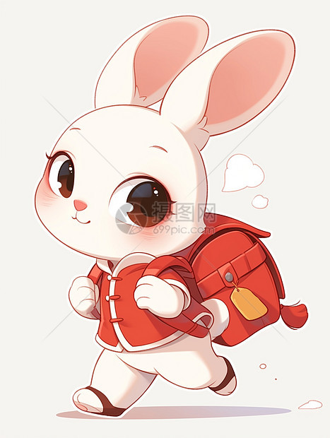 背着红色书包开心走路的卡通小白兔图片