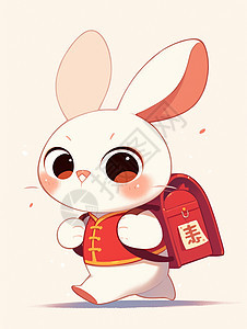 背着红色书包开心走路的卡通白兔图片