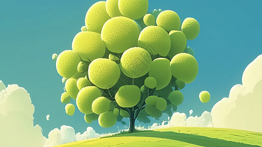 绿色山坡上一棵高大的卡通绿树图片