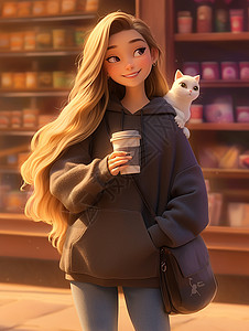 端着咖啡的长发卡通女青年与她的宠物猫图片