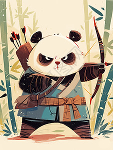 竹子通道正在拉弓箭练武的卡通熊猫插画