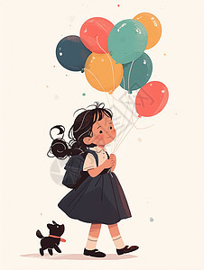 身穿背带裙带着很多彩色气球的卡通小女孩与她的小黑狗宠物图片