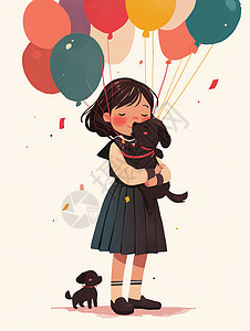 穿背带裙带着彩色气球的卡通小女孩与她的小黑狗宠物图片
