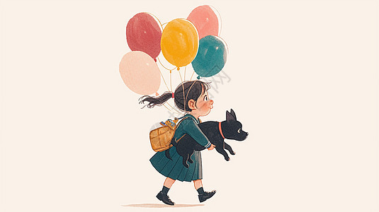 背着书包手拿彩色气球与宠物狗一起走路的卡通女孩图片