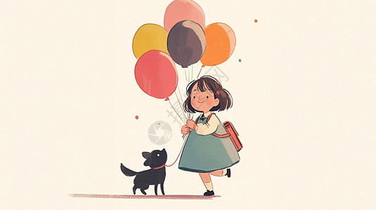 拉杆书包背着书包拿彩色气球与宠物狗一起走路的卡通女孩插画