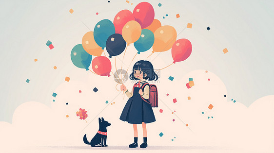 背着书包手拿彩色气球与宠物狗一起走路的卡通小女孩图片