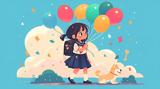 背着书包拿彩色气球与宠物狗一起走路的卡通小女孩图片