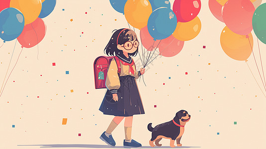 背着书包手拿彩色气球与可爱宠物狗一起走路的卡通女孩图片