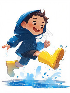 穿着蓝色上衣黄色雨靴雨中奔跑的卡通小男孩图片