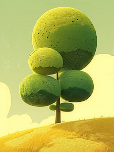 山坡上球形可爱的卡通小绿树图片