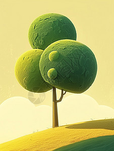 山坡上球形绿色可爱的卡通小树图片