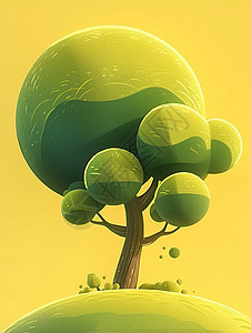 山坡上绿色球形可爱的卡通小树图片