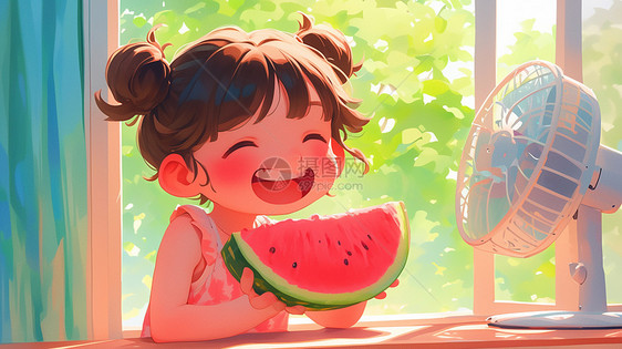 夏天吃西瓜吹电风扇的可爱卡通小女孩图片