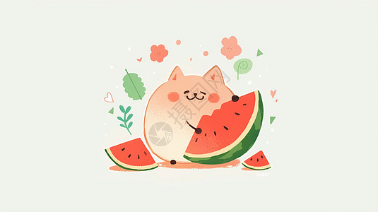 一个抱着大西瓜的可爱卡通小猫图片