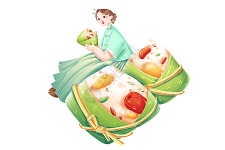 端午节传统美食国风女性吃大粽子节日场景图片