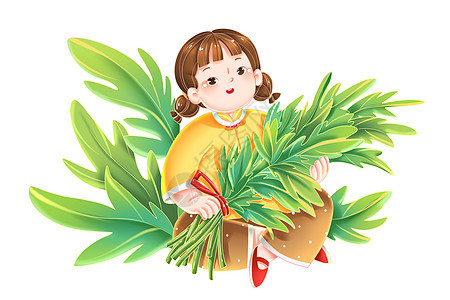 端午节卡通女孩抱艾草节日传统习俗图片